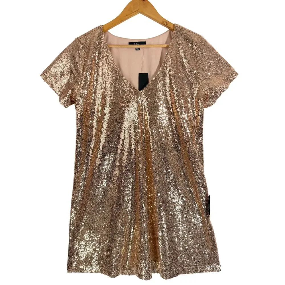 NWT Lulus Light Up the Night Champagne Sequin Mini Shift Dress Size Large - Picture 3 of 11